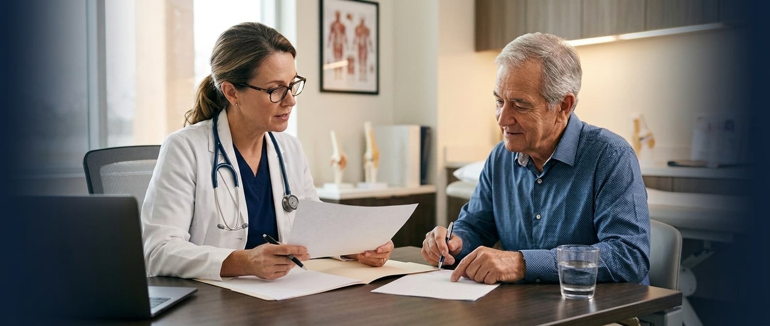 Orthopedic surgeon and patient reviewing surgery cost documents